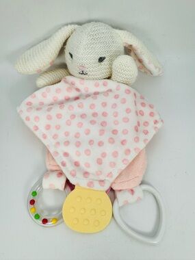 Modern Baby Knit Bunny Security Blanket Lovey Pink Polka Dots Rattle Teether